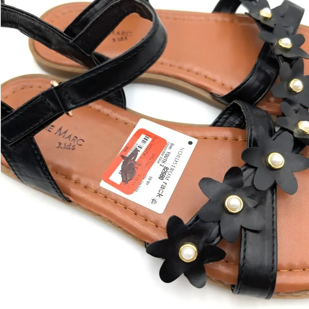 Eddie Marc Flower Strap Sandals Open Round Toe Girls' Black Size US3